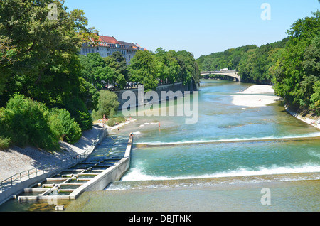 Munich Isar River view from Maximilians bridge Bavaria Germany Stock Photo