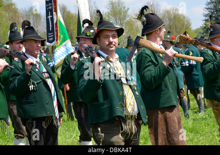 Gebirgsschützen Bavarian riflemen and women in traditional costumes Parade  Gmund am Tegernsee 'Patronatstag' day of patronage' 2013 Stock Photo