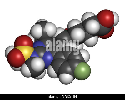 Rosuvastatin cholesterol lowering drug (statin class), chemical structure. Atoms are represented as spheres. Stock Photo