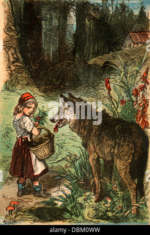 Little Red Riding Hood, from a Berlin edition of Grimms' Fairy Tales, 1865. Color plate Stock Photo
