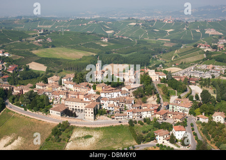 AERIAL VIEW. Medieval hilltop village in the Langhe Hills; a wine-producing region. Neive, Province of Cuneo, Piedmont, Italy. Stock Photo