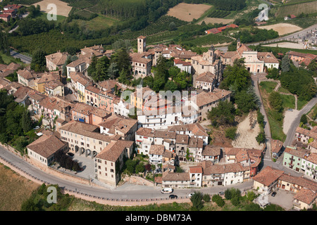 AERIAL VIEW. Medieval hilltop village in the Langhe Hills; a wine-producing region. Neive, Province of Cuneo, Piedmont, Italy. Stock Photo