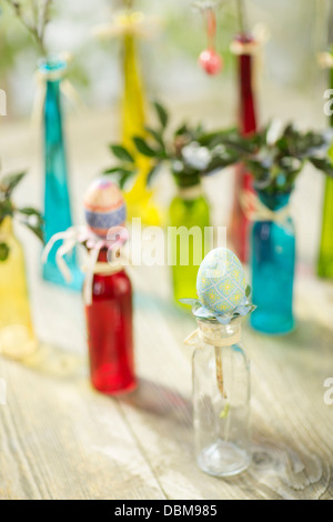 Colorful Glass Bottles With Easter Decoration, Osijek, Croatia, Europe Stock Photo