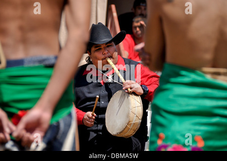 Cupa Day Festival, Pala Indian Reservation, Flutist and Drummer for Yaqui Deer Dancers Stock Photo