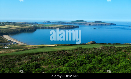 A view of the beach at Whitesands Bay and Ramsey Island from St Davids Head fields on the Pembrokeshire Coast in Wales UK Great Britain  KATHY DEWITT
