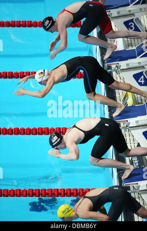 Barcelona, Spain. 01st Aug, 2013. Britta Steffen (second from the top) of Germany in action during the women's 100m freestyle semifinal of the 15th FINA Swimming World Championships at Palau Sant Jordi Arena in Barcelona, Spain, 01 August 2013. Photo: Friso Gentsch/dpa/Alamy Live News Stock Photo