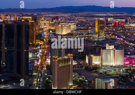 View of Las Vegas Boulevard (The Strip) at night from the top of the Stratosphere tower, Las Vegas, Nevada, USA Stock Photo