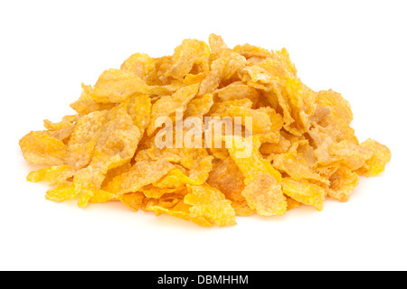 Cornflakes Heap - heap of cornflakes isolated on white, front to back focus. Stock Photo