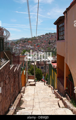 View on Guanajuato from the narrow street on the hill Stock Photo