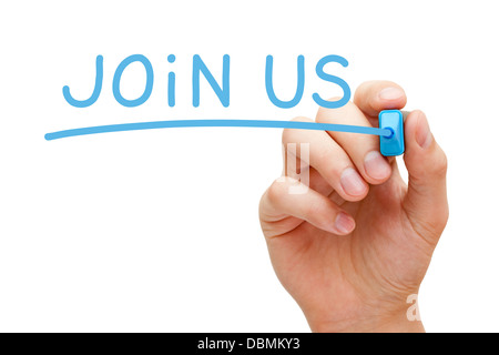 Hand writing Join Us with blue marker on transparent wipe board. Stock Photo