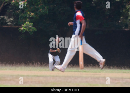 Cricket is a religion in India and you can see people playing cricket almost everywhere ! Here is a batsman getting caught out . Stock Photo