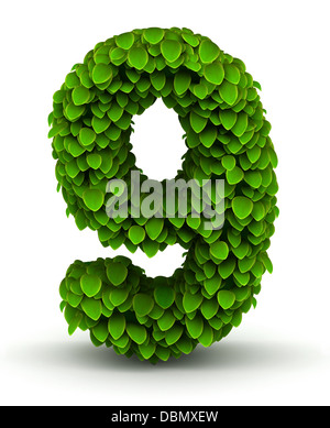 Number 9, green leaves font Stock Photo