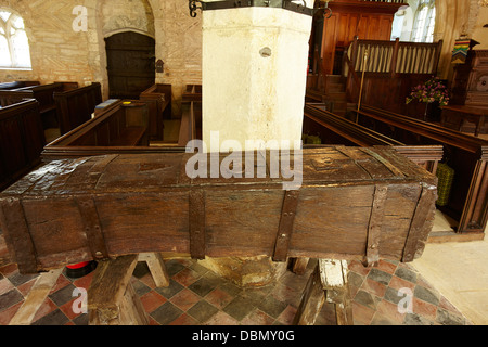 Wooden Parish Chest inside the church of St Andrew St Bartholemew at Ashleworth, Gloucestershire, England, UK Stock Photo