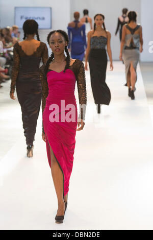 London, UK. 1 August 2013. Model on the catwalk for designer Ferona. Africa Fashion Week London (AFWL) catwalk shows at the Truman Brewery, London. Photo: CatwalkFashion/Alamy Live News Stock Photo