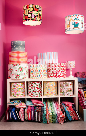 Custom Lampshades And Rolls Of Fabric In Store, Munich, Bavaria, Germany, Europe Stock Photo