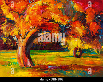 Original oil painting showing beautiful Autumn tree. Modern Impressionism Stock Photo