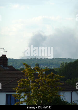 Smoke can still be seen rising from the large Sony factory that was set alight during the London riots on Monday evening. Shops and commercial businesses across London have closed early this afternoon, acting on advice from The Metropolitan Police, due to the last few days rioting and looting across the captial London - 09.08.11 Stock Photo