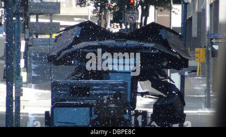 The Batplane is transported through a scene with a Batman figure in the cockpit on the set of the new Batman film 'Dark Knight Rises' filming in Pittsburgh  Pennsylvania, USA - 14.08.11 Stock Photo