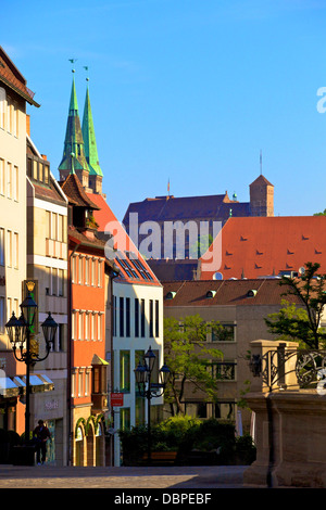 Shopping Area with St. Sebald and Castle in the background, Nuremberg, Bavaria, Germany, Europe Stock Photo