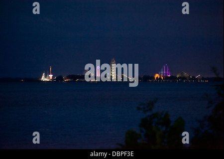 Cedar Point in Ohio as seen after dark from over the water Stock Photo