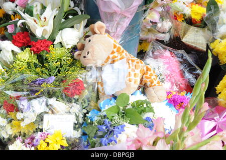 Tributes mark the spot where Haroon Jahan, Shahzad Ali and Abdul Musavir died after being hit by a car on 10 August during the riots in the Winson Green area of Birmingham Birmingham, England - 17.08.11 Stock Photo