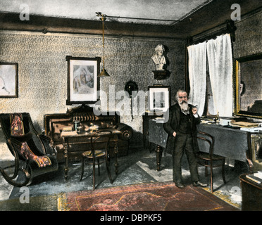 Johannes Brahms in his study, Vienna, 1800s. Hand-colored halftone reproduction of a photograph Stock Photo