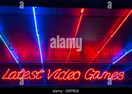 31/07/2013 Latest Video Games neon sign at Electric Avenue amusement arcade on the seafront in Southend-on-Sea Stock Photo