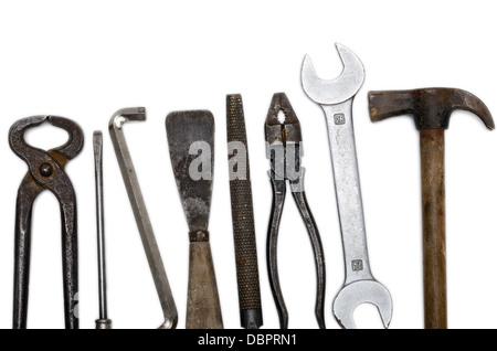 Old used vintage tools over a white background Stock Photo