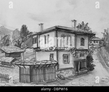 Pencil black and white drawing of traditional old Bulgarian houses in Bulgaria. Stock Photo