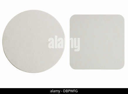 Image of two new beer coasters isolated on a white background.  Add your own design or logo. Stock Photo