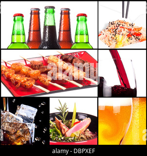 Collection of different meat dishes and alcohol drinks Stock Photo