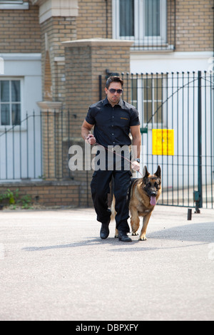 Burly security guard on patrol with German Shepherd guard dog in front of security gates Stock Photo