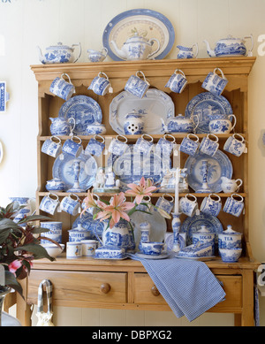 Close-up of pine dresser with a collection of blue+white Spode Italian china Stock Photo