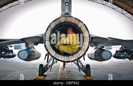 US Air Force Senior Airman Nate Hall conducts a post-flight inspection on an F-16 Fighting Falcon aircraft July 5, 2013 at Kandahar Airfield, Afghanistan. Stock Photo