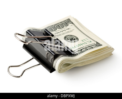 One hundred dollar bills in the clip isolated on a white background Stock Photo