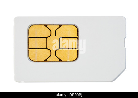 used mobile phone sim card macro isolated on white Stock Photo