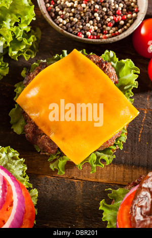 Gourmet Cheese Burger on a Pretzel Roll with Lettuce and Tomato Stock Photo