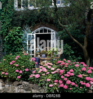 Pink hydrangeas in front of country cottage with French doors open onto small patio Stock Photo