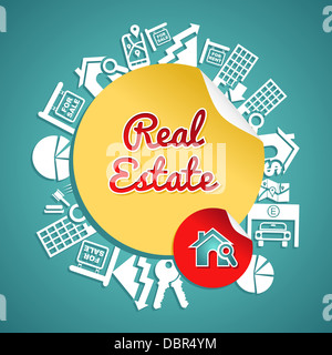 Real estate text, circle, house and lens icons, rental concept illustration. Vector file layered for easy manipulation and custom coloring. Stock Photo