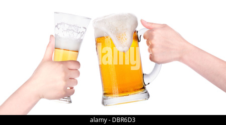 beer with hand making toast isolated on a white background Stock Photo