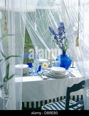 White voile drapes above garden table with set for lunch with white cloth and plates and blue delphiniums in blue vase Stock Photo