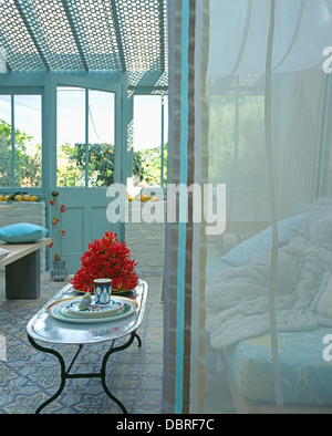 Pale blue edged white voile curtain on doorway of conservatory living room with bright pink flowers on metal coffee table Stock Photo