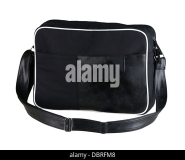 Black cloth laptop bag decorated by black leather Stock Photo