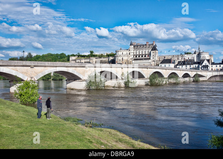 The historic Château, town & bridge at Amboise under a sunny sky overlooking and reflected in the river Loire, France Stock Photo