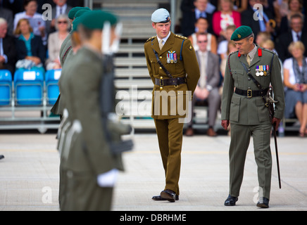 Brirain's Prince Harry visits HMNB Devonport wearing his Guards number 2 uniform and his aviator beret Stock Photo