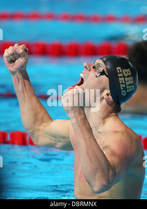 Barcelona, Spain. 03rd Aug, 2013. Cesar Cielo Filho of Brazil celebrates after winning the men's 50m freestyle final of the 15th FINA Swimming World Championships at Palau Sant Jordi Arena in Barcelona, Spain, 03 August 2013. Photo: Friso Gentsch/dpa/Alamy Live News Stock Photo