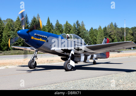 P-51D Mustang Strawboss 2 is taxied at the Nevada County Airport after a flight. Stock Photo