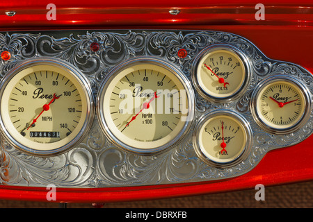 Perez custom instrument panel in classic car during 2013 Deuce Days Hot Rod show-Victoria, British Columbia, Canada. Stock Photo