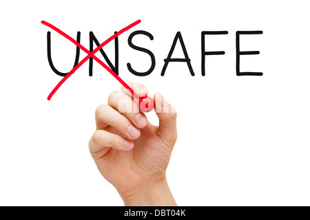 Hand changing the word Unsafe into Safe with red marker isolated on white. Stock Photo