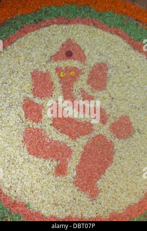God Ganesha in Flower Rangoli Pattern, Pune, Maharashtra, India God Ganesha Flower Rangoli Pattern Hindu gajanan Art Color Image Stock Photo